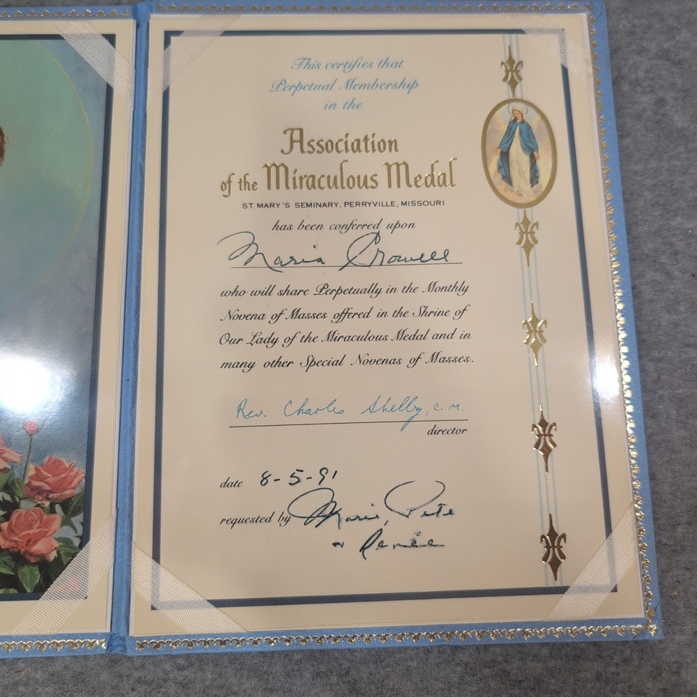 Association of the Miraculous Medal Perpetual Membership Certificate 1991 Blue - Picture 2 of 3